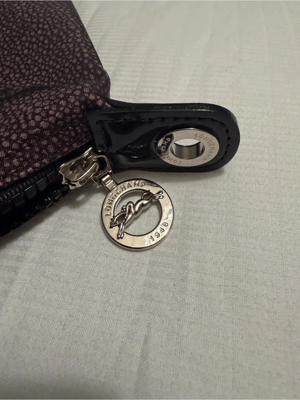 Longchamp Black & White Pebble Print Tote with Black Patent Leather Accents NWT